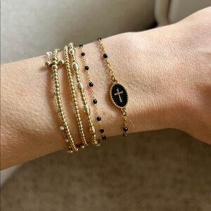 Dainty gold & black beaded look adjustable bracelet delicate jeweled chain cross